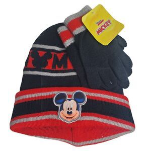 Disney Mickey Mouse Toddler Boy Black/Gray/Red 2pc Beanie Hat Glove Mitten Set